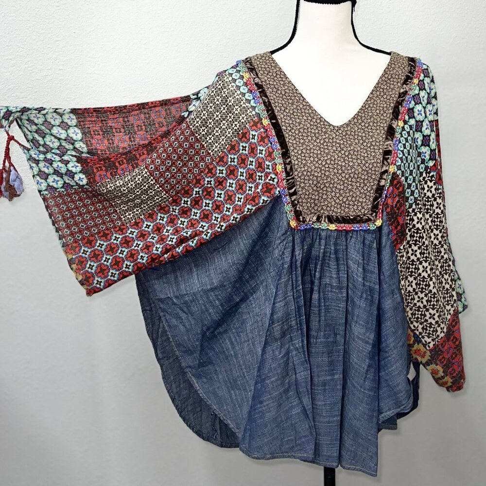 Sz S / M Ivy Jane Patchwork Print Chambray Boho Shirt